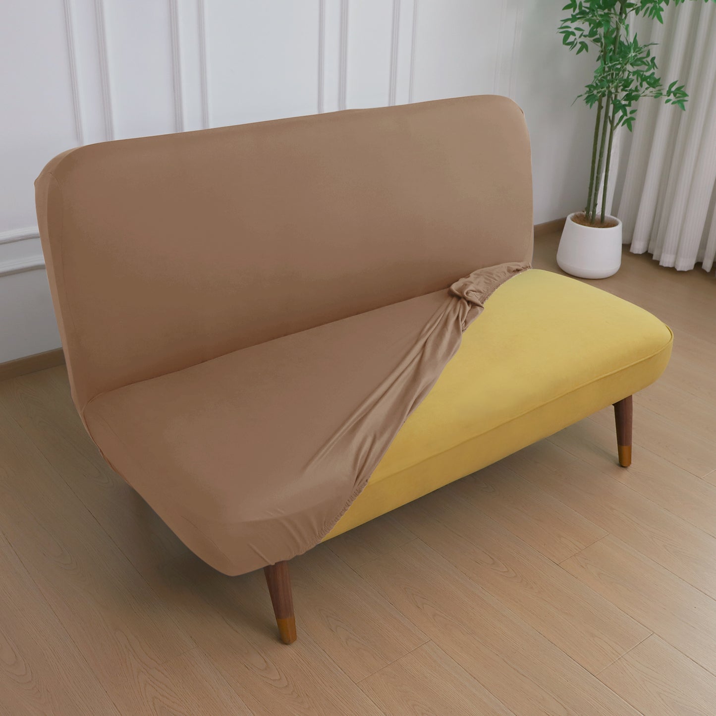 SereneSolids Stretchable Elastic Armless Sofa Cover – 140 GSM, Futon Slipcover, Easy Fit, Dark Camel