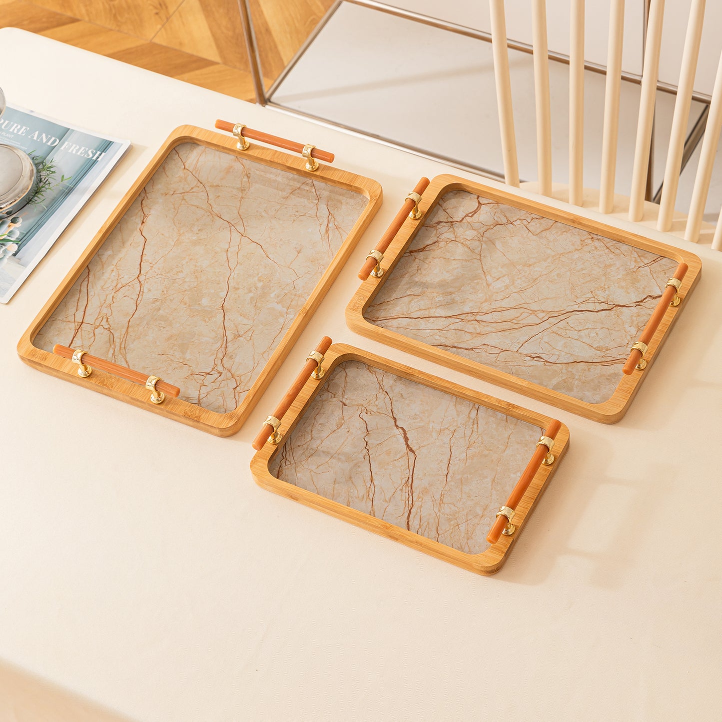Luxury Bamboo Serving Tray Set with Faux Marble Base with Golden Handles