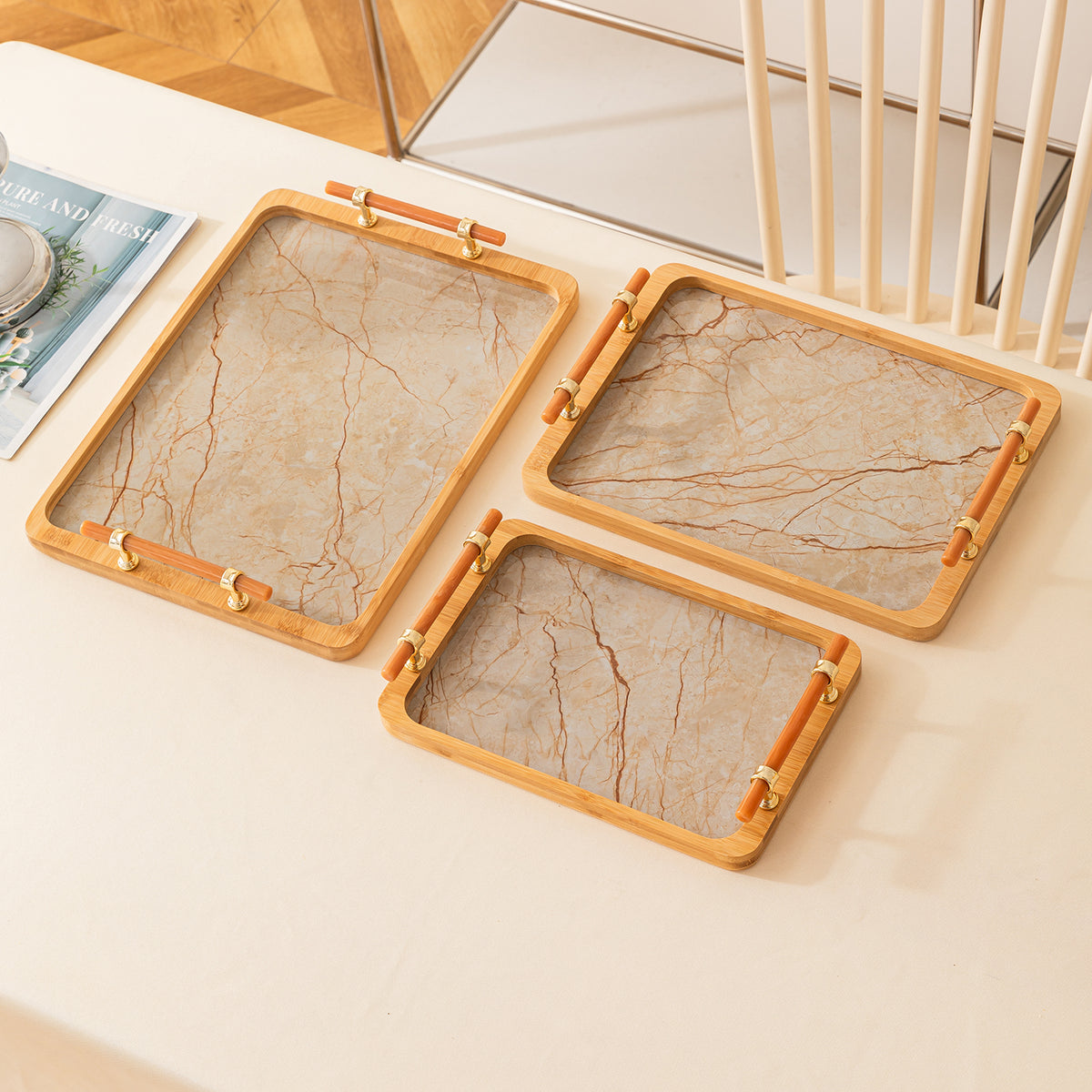 Luxury Bamboo Serving Tray Set with Faux Marble Base with Golden Handles