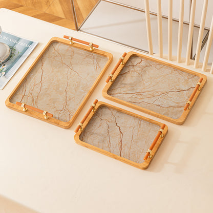 Luxury Bamboo Serving Tray Set with Faux Marble Base with Golden Handles