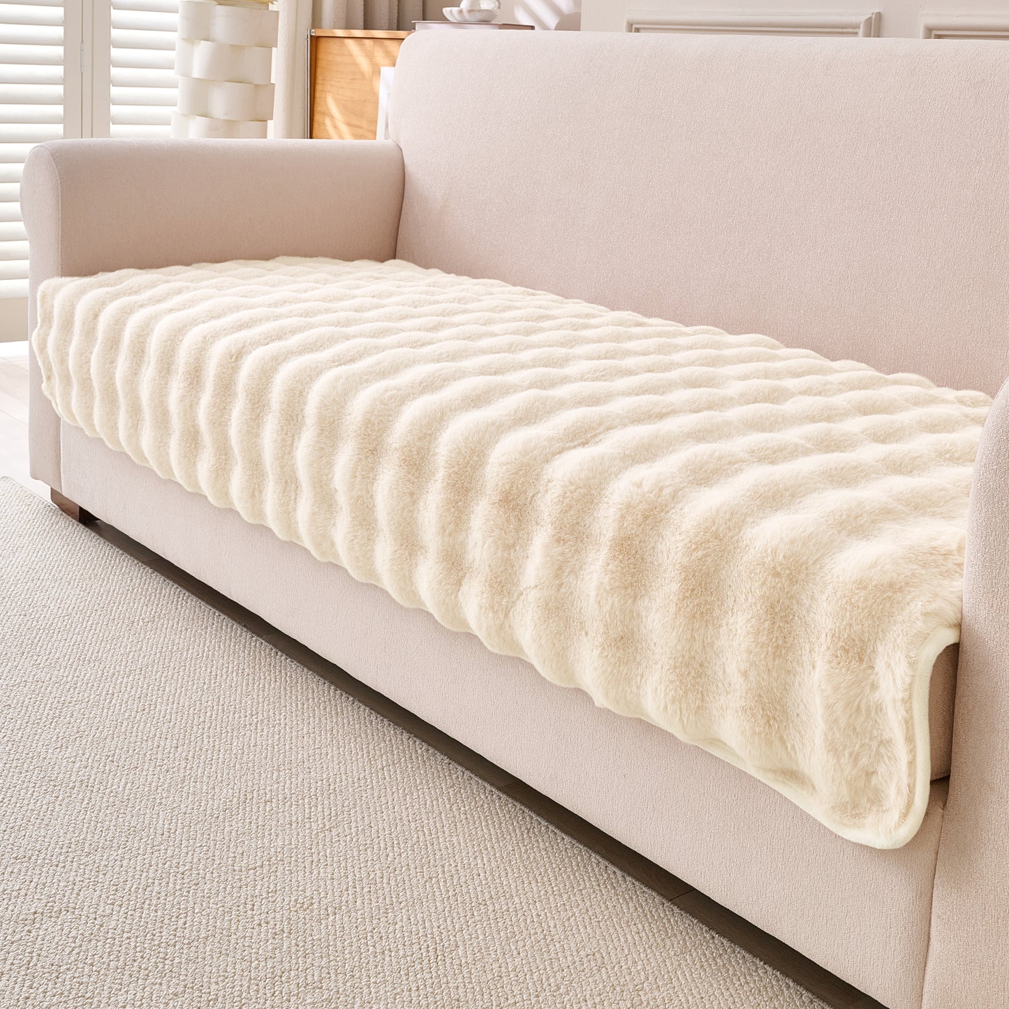 Premium Faux Rabbit Fur Anti Slip Sofa Mat for 1/2/3 Seater, Beige