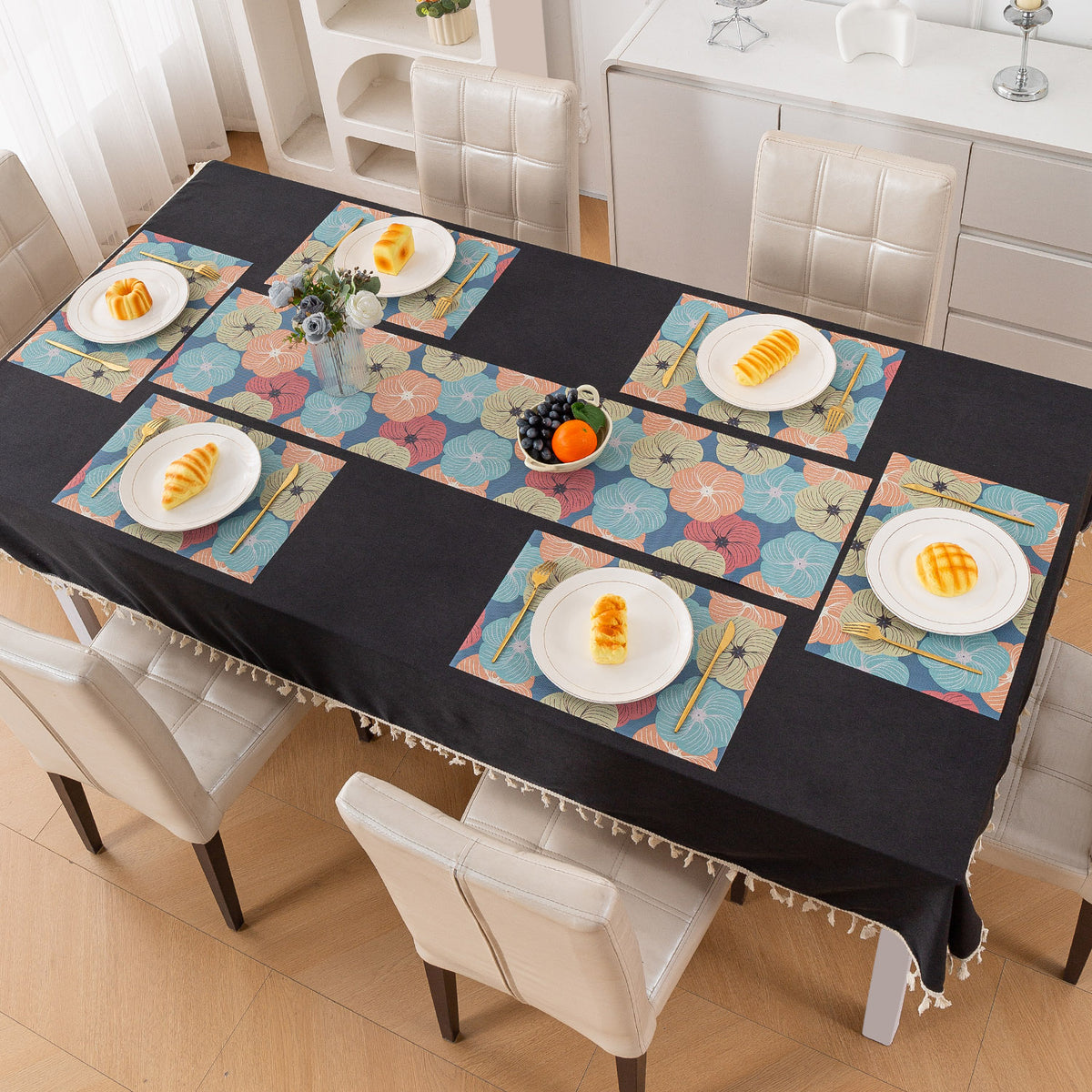 Color Splash PVC Mats for Dining Table, Floral Wheel - Teal Blue