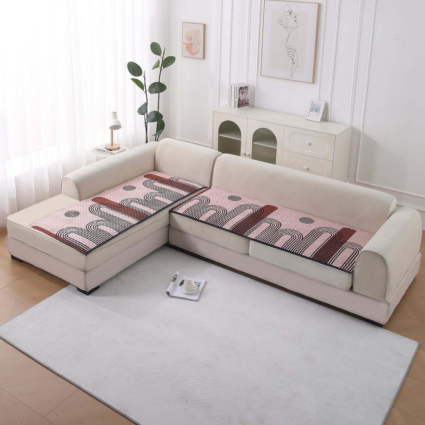 LiefNest Printed Holland Velvet L Shape Sofa Seat Mat with Foam Filling - Modern Archscape Mauve Blush