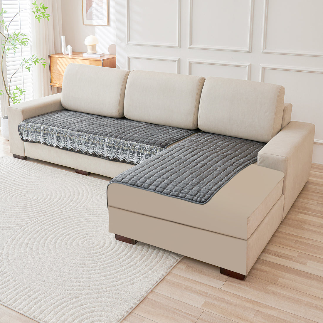 Buy Porpoise Grey Colour BelleLace Imperial Milk Velvet L Shape Sofa Cover