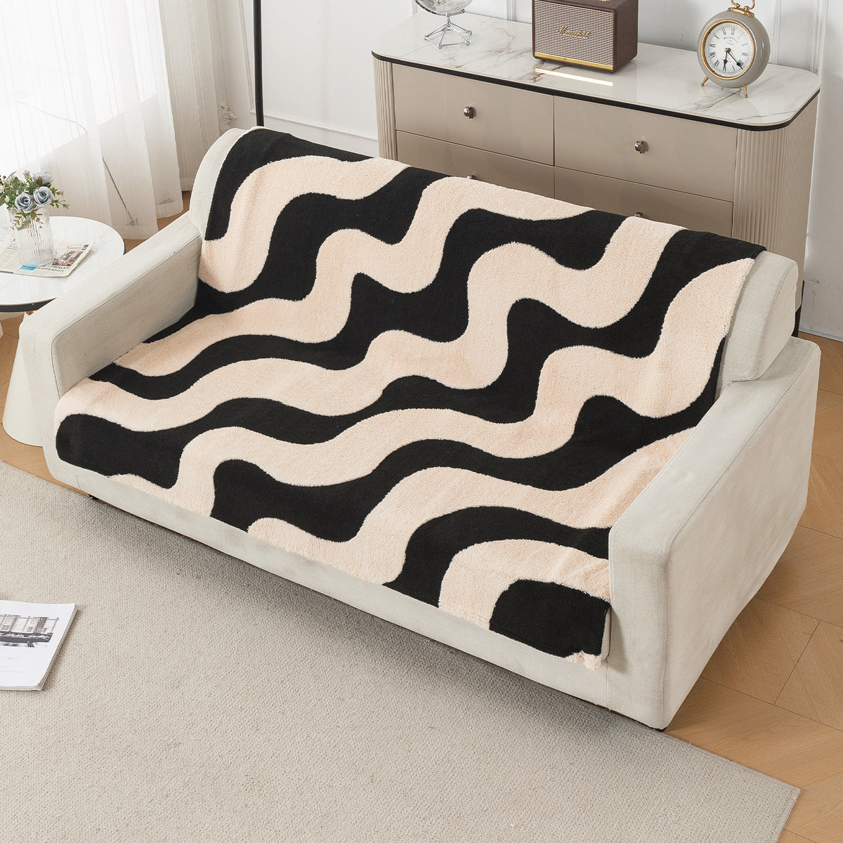 'Noirea Series' Plush Sofa Cover for Seat & Back, Wavy Stripe