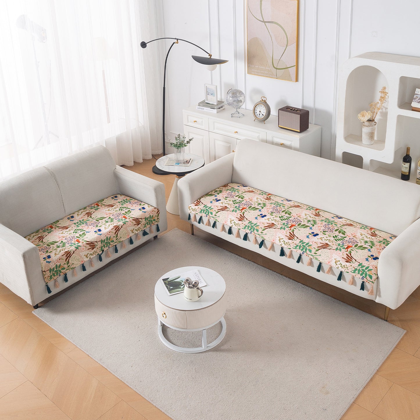 'Whispers of Nature' Series Holland Velvet Sofa Seat Mat with Tassel, Beige Woodland Bloom