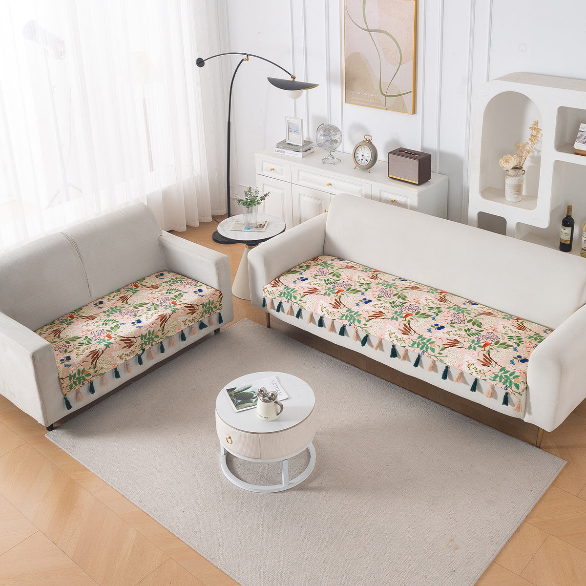 'Whispers of Nature' Series Holland Velvet Sofa Seat Mat with Tassel, Beige Woodland Bloom