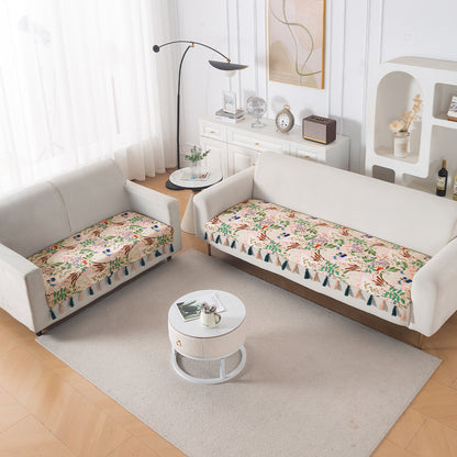 'Whispers of Nature' Series Holland Velvet Sofa Seat Mat with Tassel, Beige Woodland Bloom