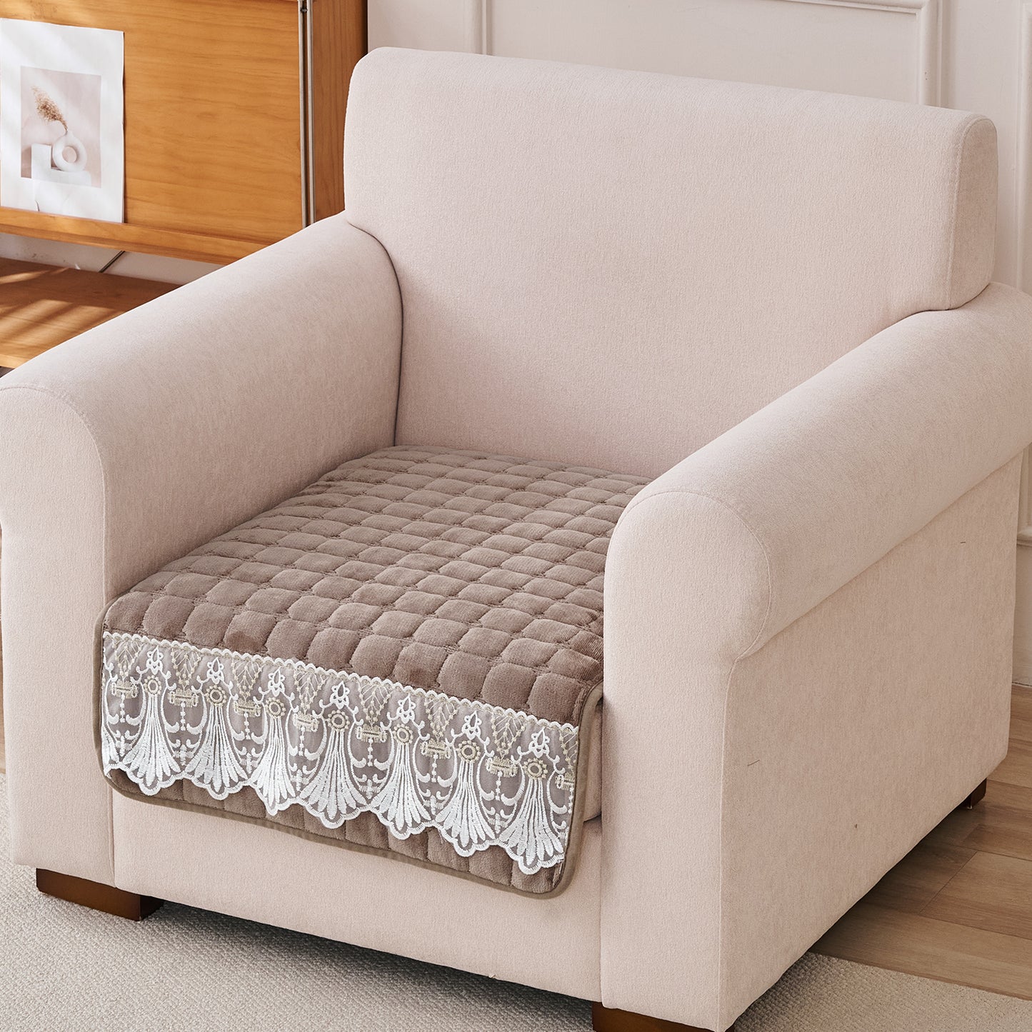 BelleLace Series Premium Imperial Milk Velvet Sofa Cover Mat with Lace Design -  Mocha Brown