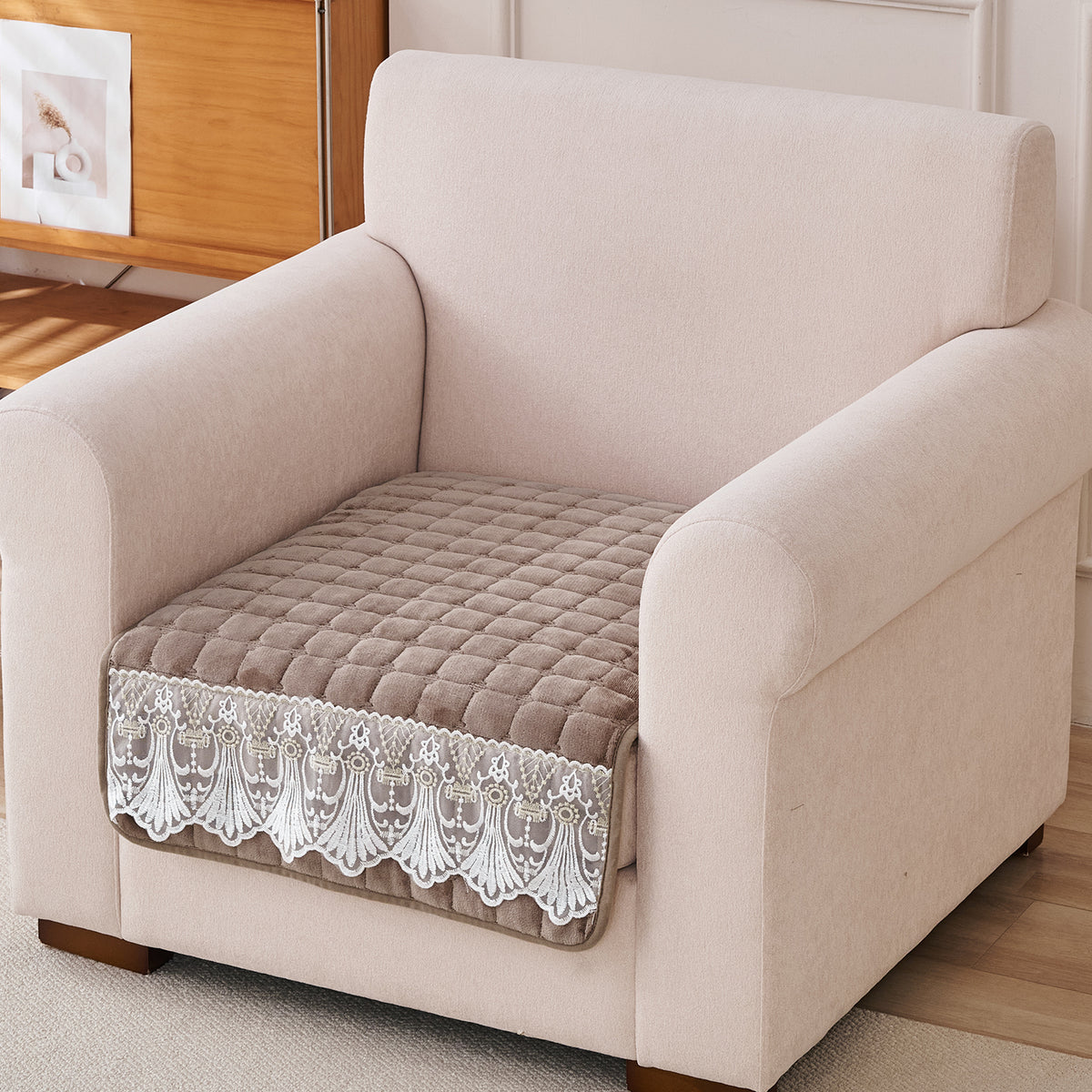 BelleLace Series Premium Imperial Milk Velvet Sofa Cover Mat with Lace Design -  Mocha Brown