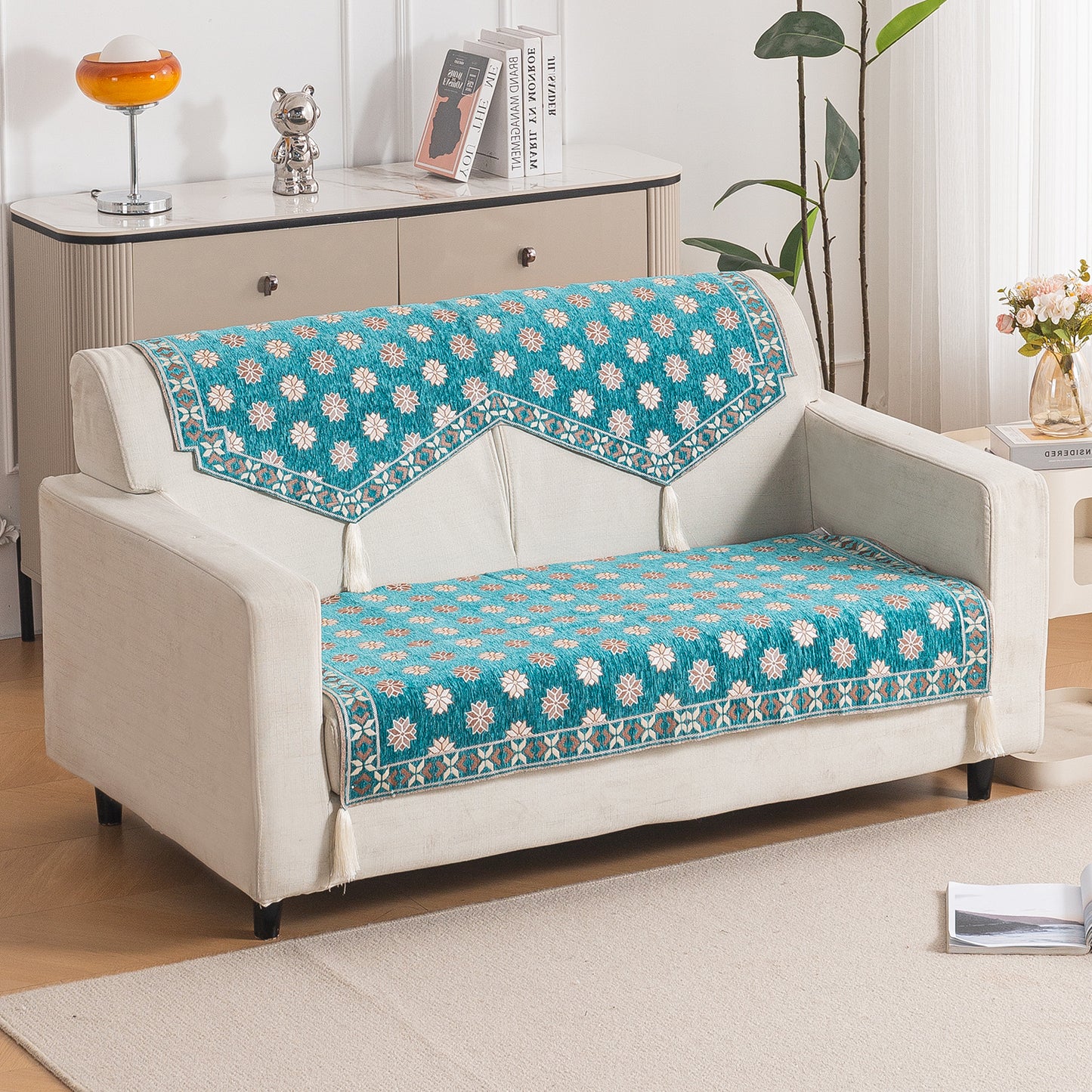Heritage Weave Premium Jacquard Sofa Cover Set with Tassels - Emerald Teal