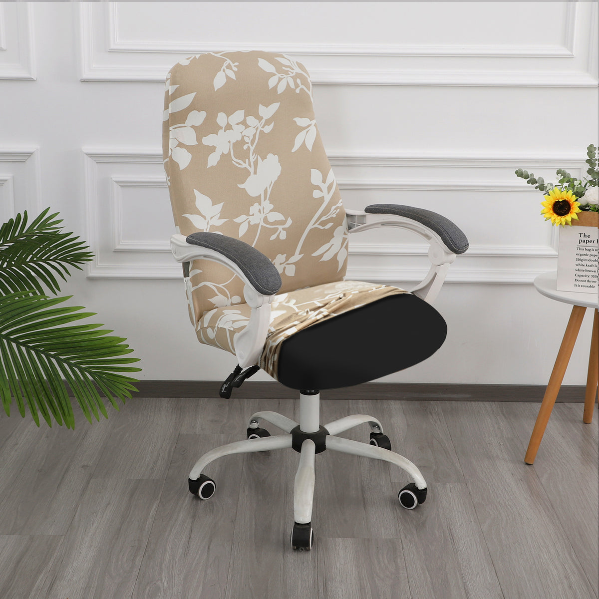 Printed Office Chair Cover for Desk Chair (Mid-Back) – 140 GSM Stretch Fabric – Durable & Anti-Slip – Fits Mid-Back Office Chairs, Buff Brown Sillehoute Floral - Medium