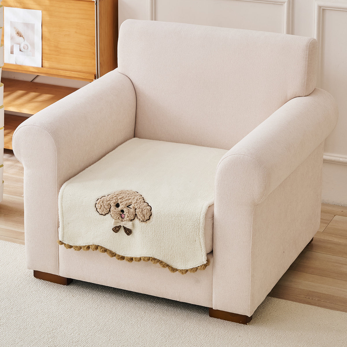 CloudHug Plush Sofa Cover Mat with PomPom and Wavy Edges, Ivory Cream
