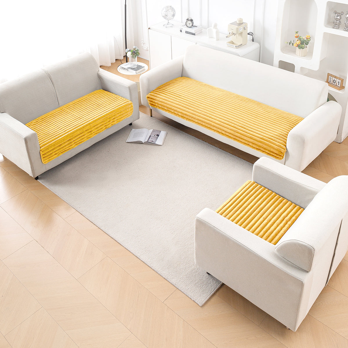 Faux Rabbit Fur Sofa Cover Combination Set, 'Snuggle Fur Series' Mustard Yellow