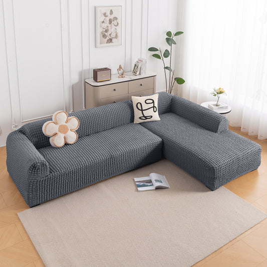 Aria Nova Bubble 2-Piece Stretchable L Shape Sofa Cover with Right Chaise, Dark Grey