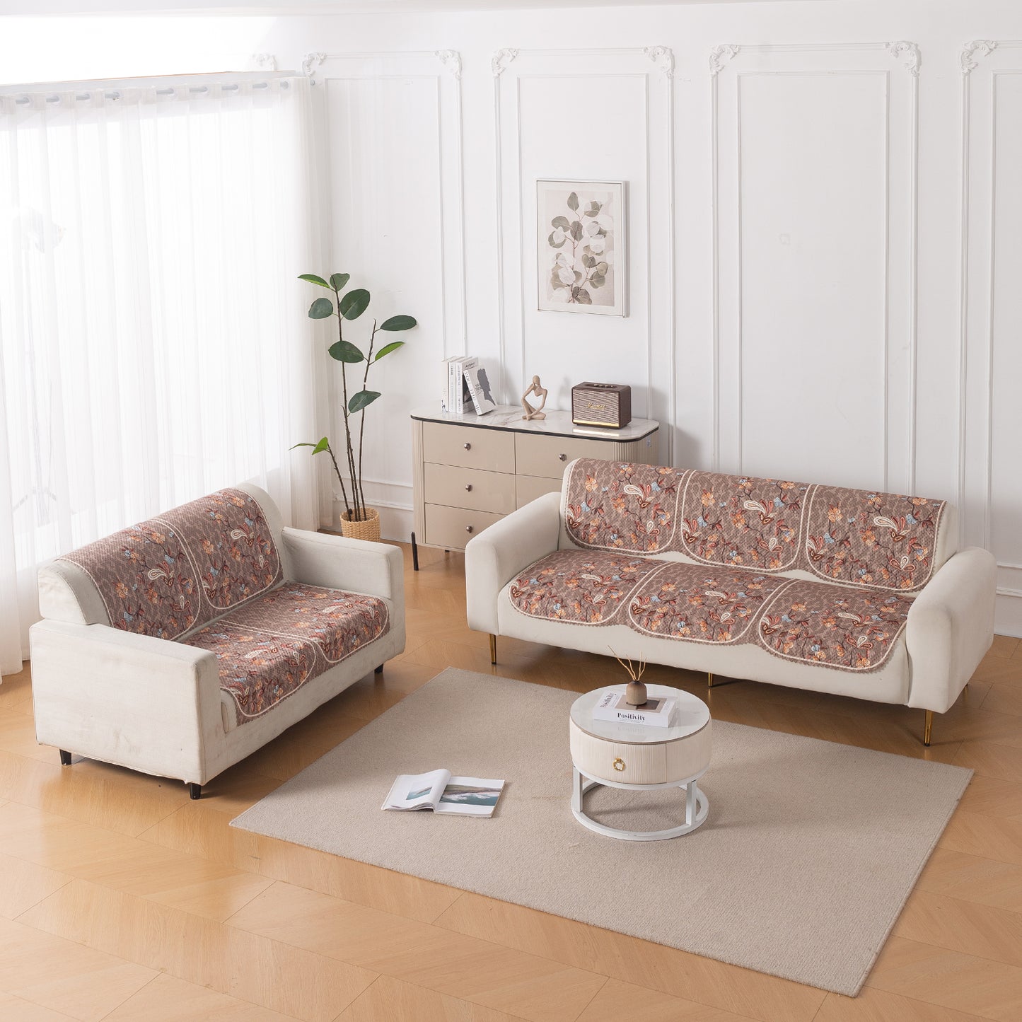 HeavenHue Fleece Soft Touch Quilted Sofa Cover Set Washable Sofa Panel for Seat & Bk - Vintage Bloom