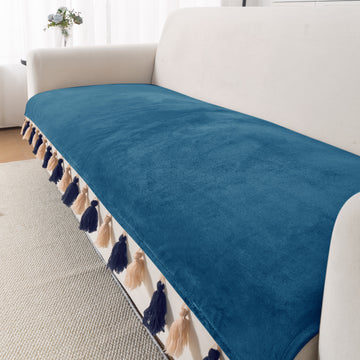 Tassel Tone Holland Velvet Sofa Cover Mat, Sea Blue