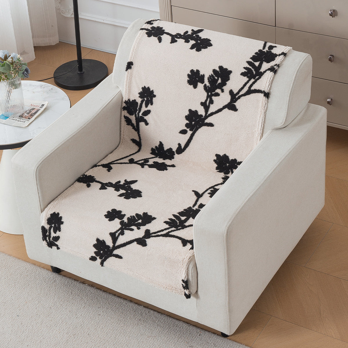 'Noirea Series' Plush Sofa Cover for Seat & Back, Botanical Vine