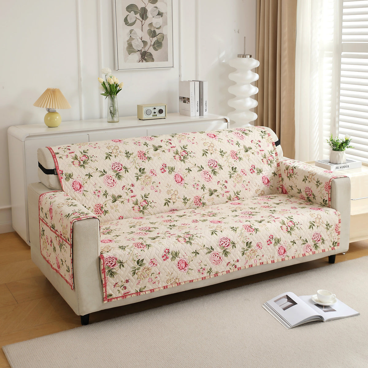 Beige Peonies Printed elegant 3 seater quilted sofa cover