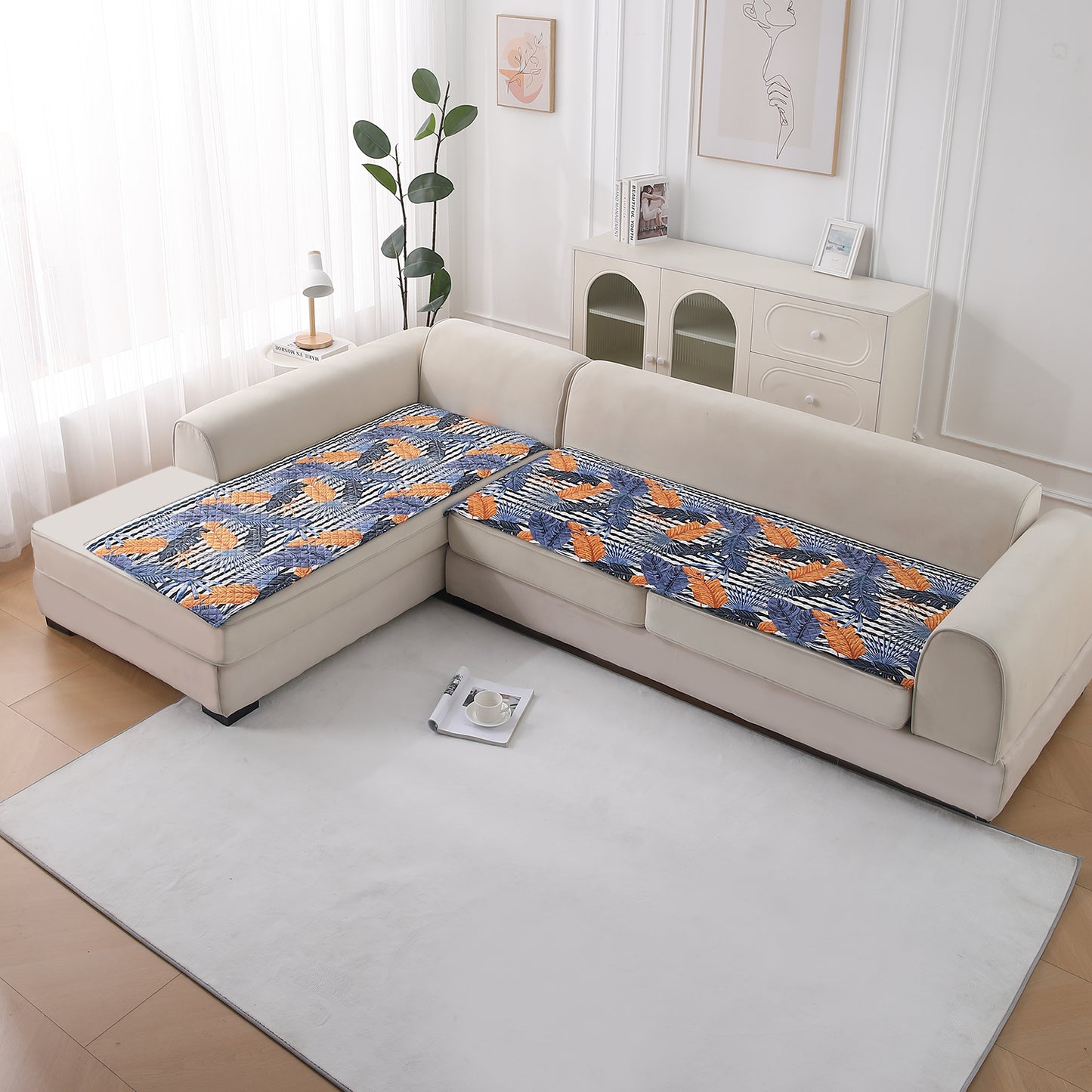 LiefNest Printed Holland Velvet L Shape Sofa Seat Mat with Foam Filling - Tropical Leaves Dusk Blue