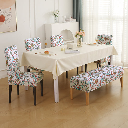 Premium Velvet Cover Set for 4 Dining Chairs + 1 Dining Bench, Beige Persian Garden
