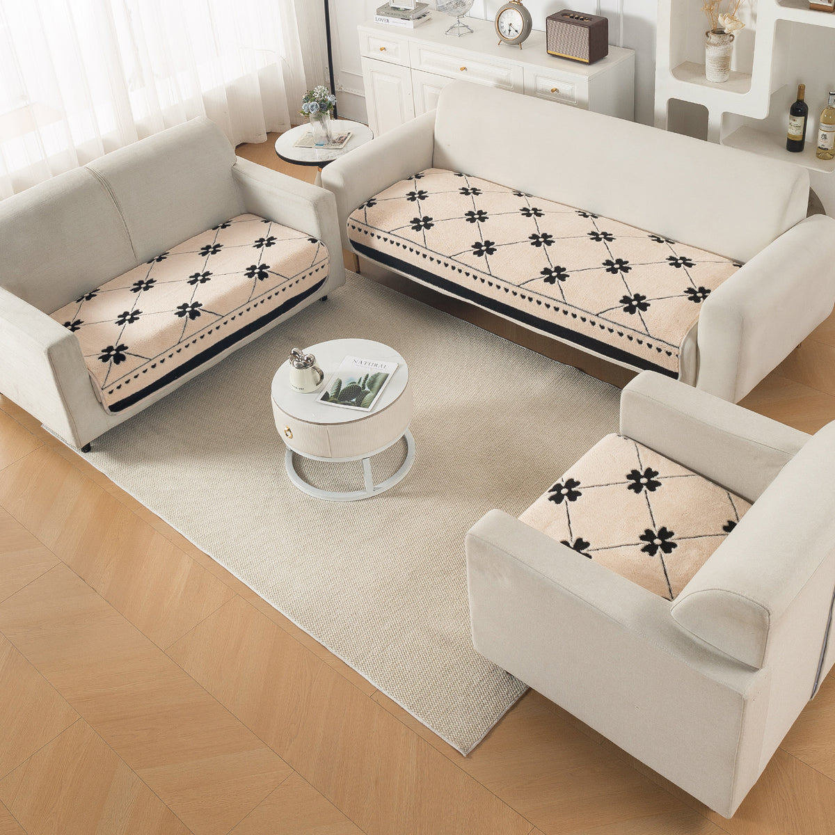 Luxury Plush Sherpa Anti Slip Combination Sofa Mat, 'Noirea Series'|Floral Lattice
