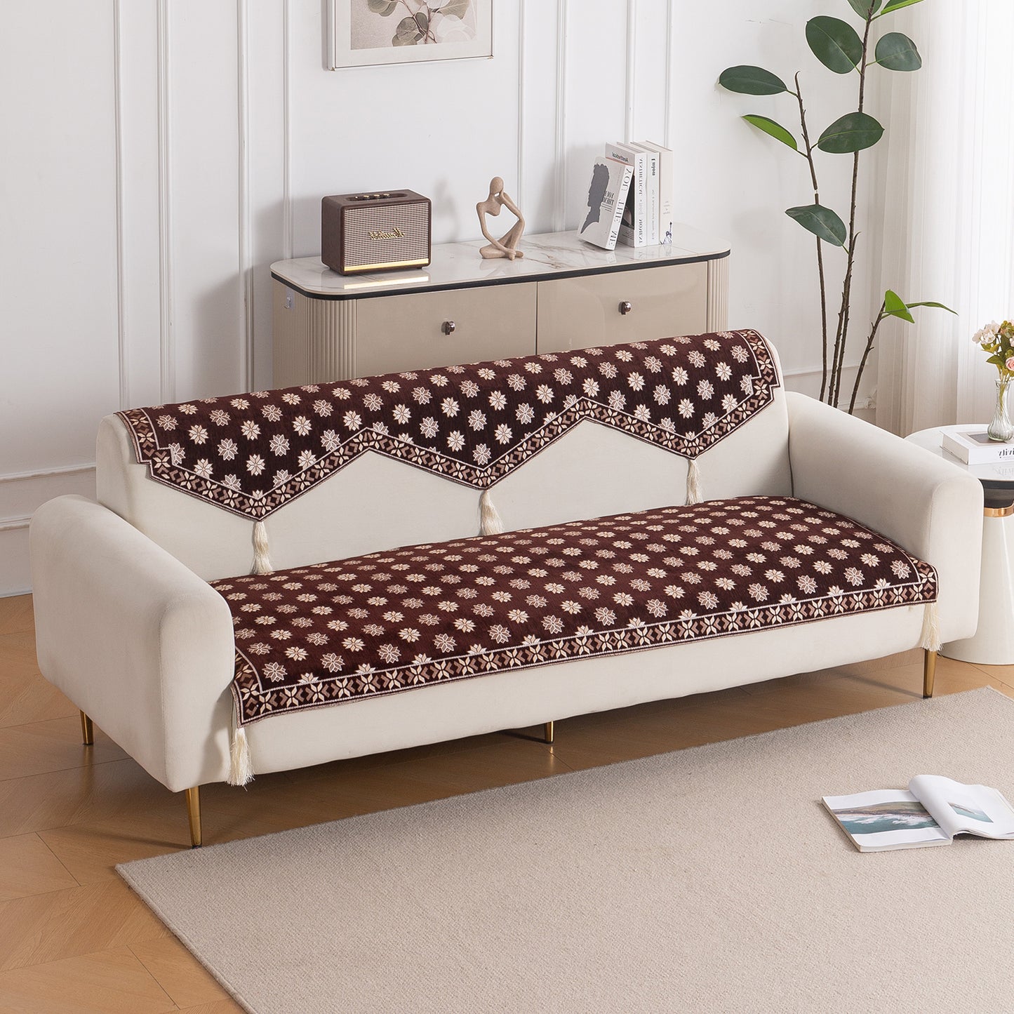 Heritage Weave Premium Jacquard Sofa Cover Set with Tassels - Coffee Brown
