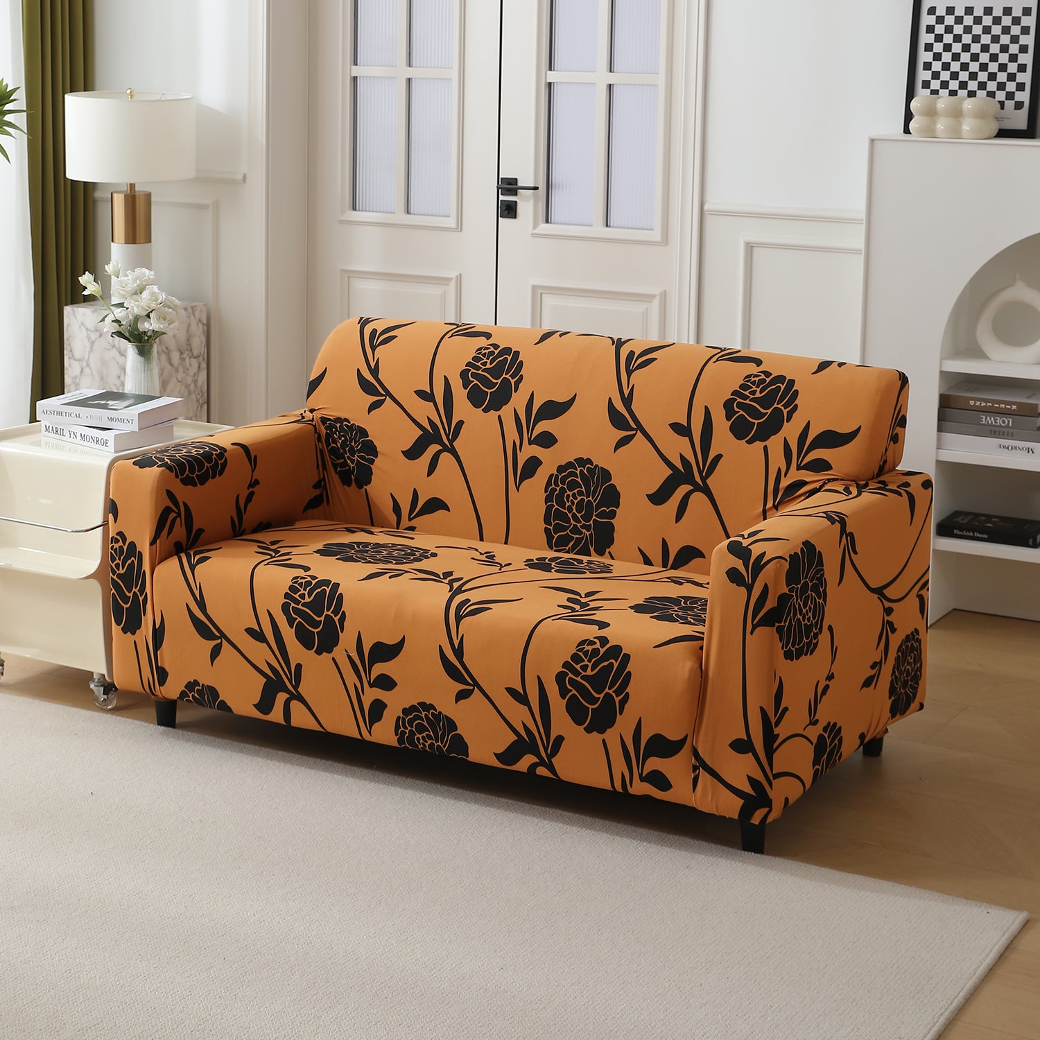 Copper Brown Floral Printed non slip elastic 2 seater sofa cover