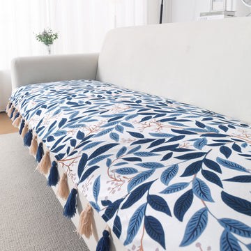 'Whispers of Nature' Series Holland Velvet Sofa Mat with Tassel, Indigo Foliage