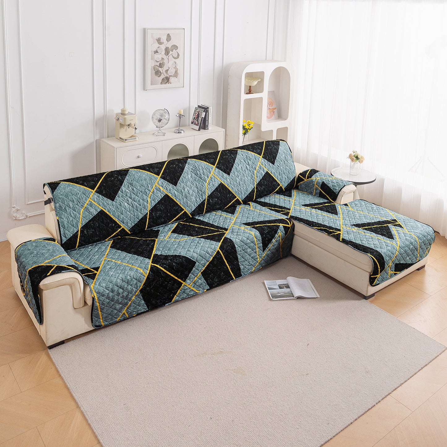 Elira Series Quilted One-Piece L Shape Sofa Cover Mat with Left and Right Chaise, Multicolor Abstract Geometry