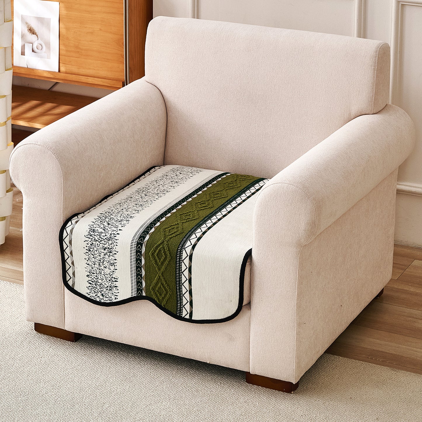 'Valenca Wavy Luxe Series' Boho Geometry Sofa Cover Mat, Moss Green