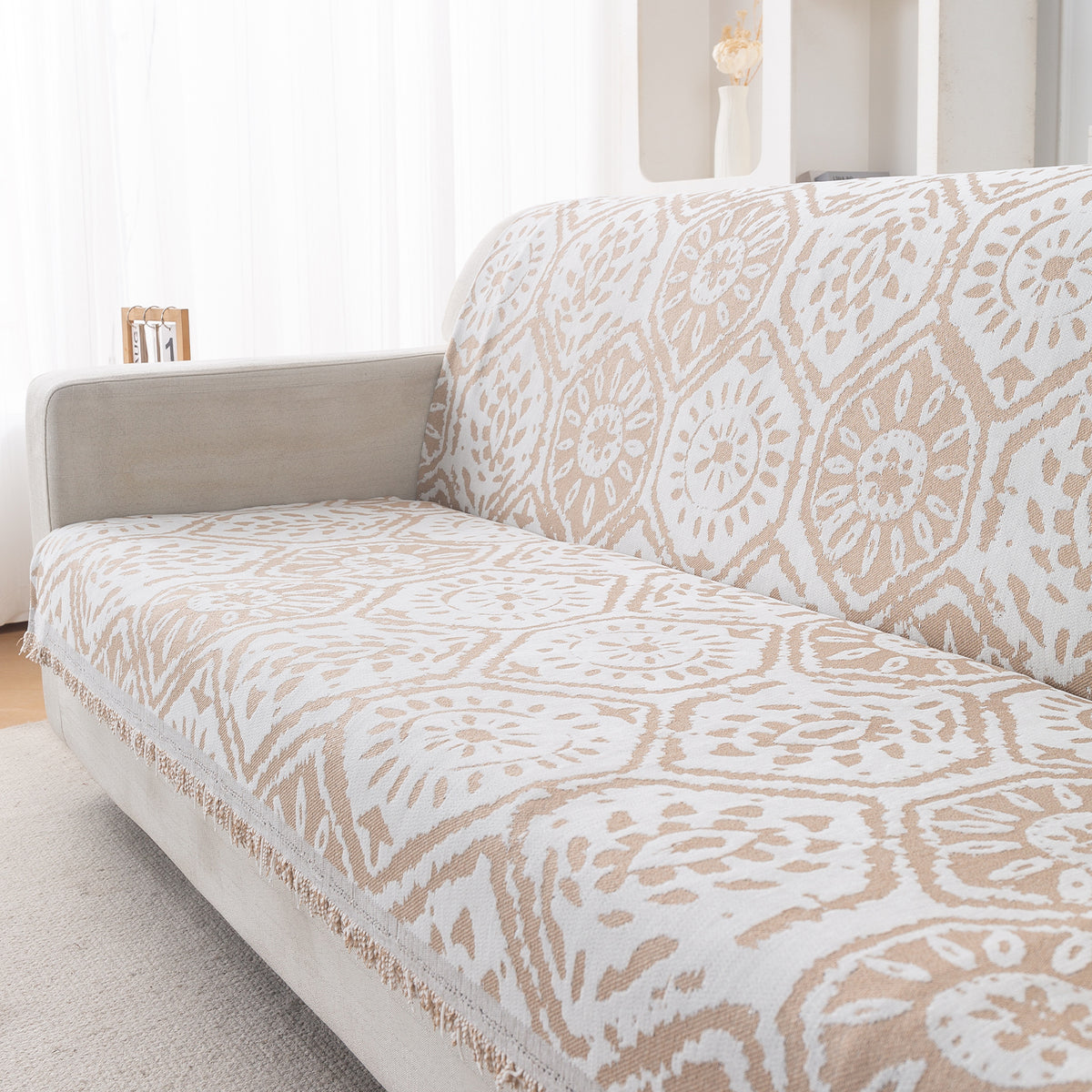 Premium 320 GSM Chenille Sofa Cover 'Serene Abode Series', Boho Floral Tile