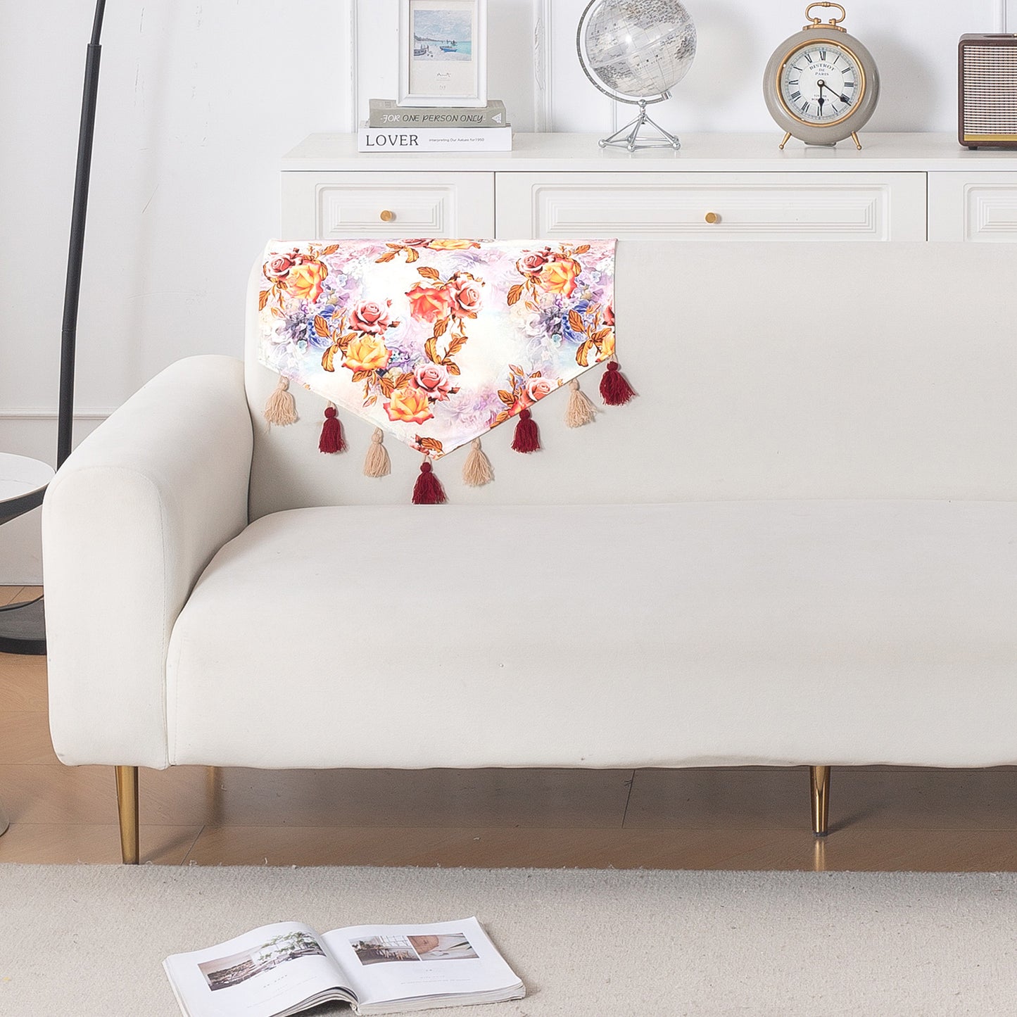 'Whispers of Nature' Series Holland Velvet Sofa Mat with Tassel, Vintage Rose Bloom