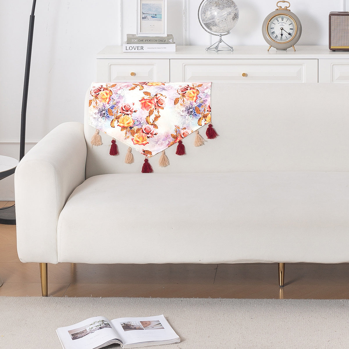 'Whispers of Nature' Series Holland Velvet Sofa Mat with Tassel, Vintage Rose Bloom