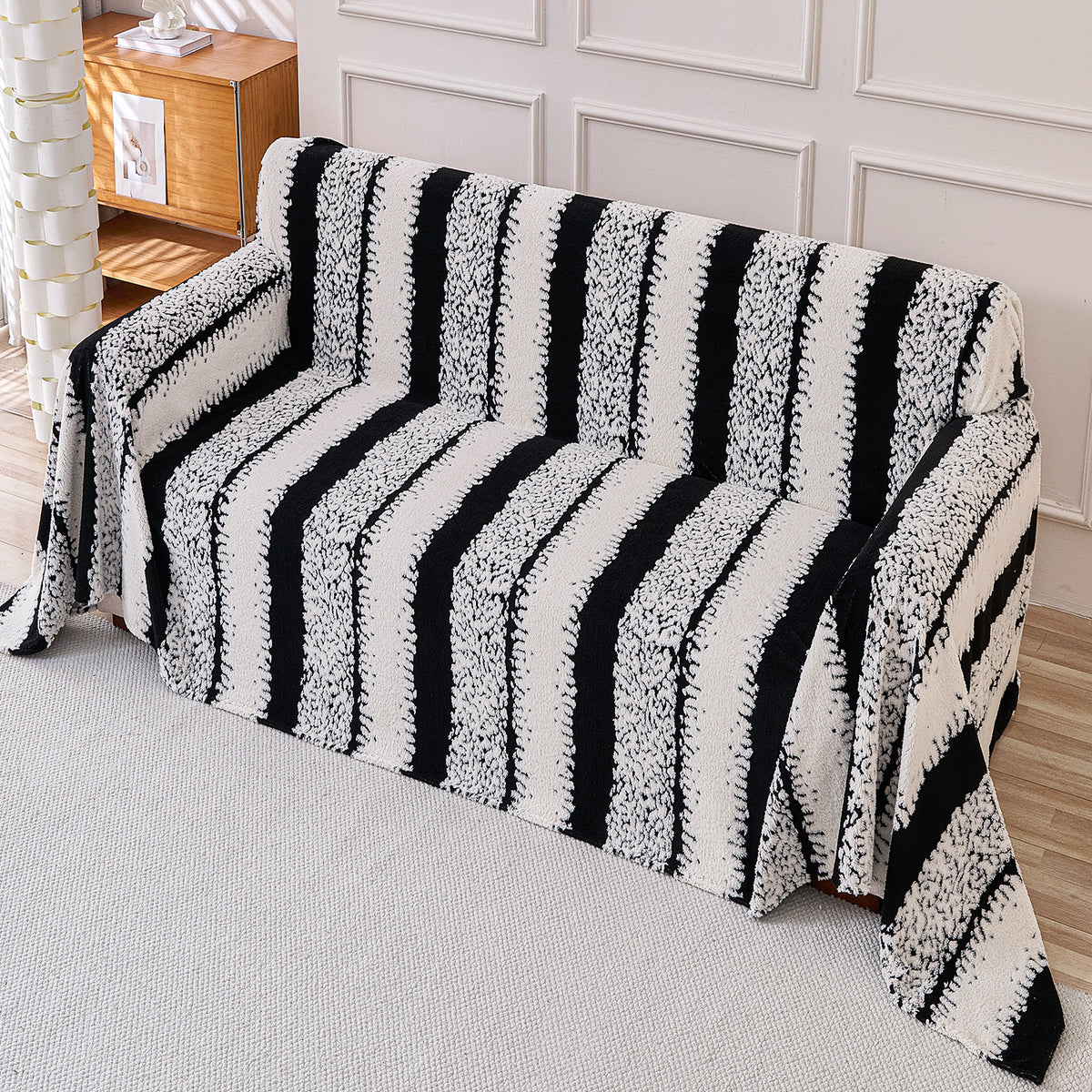 Buy Black Colour Luxury Wavy Plush Sofa Throw for Complete Sofa | HOKIPO