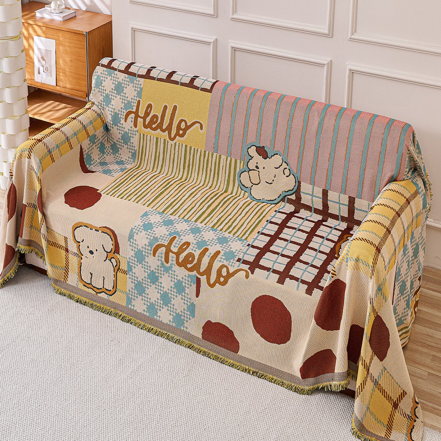 All-Season Chenille Sofa Throw, Patchwork Puppy Series
