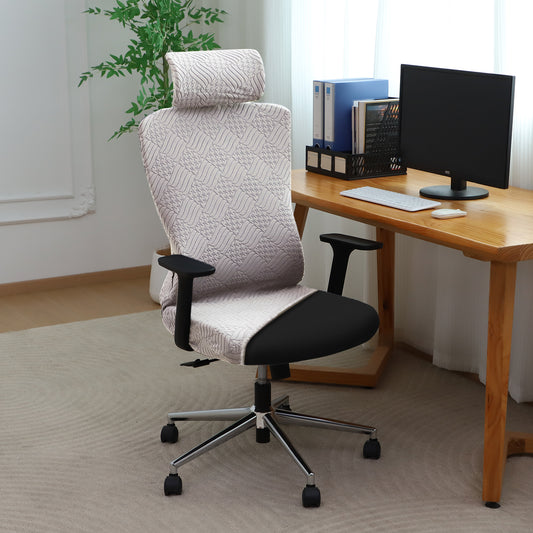 Office Chair Cover with Headrest (High-Back) – 170 GSM Stretch Jacquard – Washable, Anti-Slip Fit for Ergonomic Mesh Office Chairs, Taupe Brown