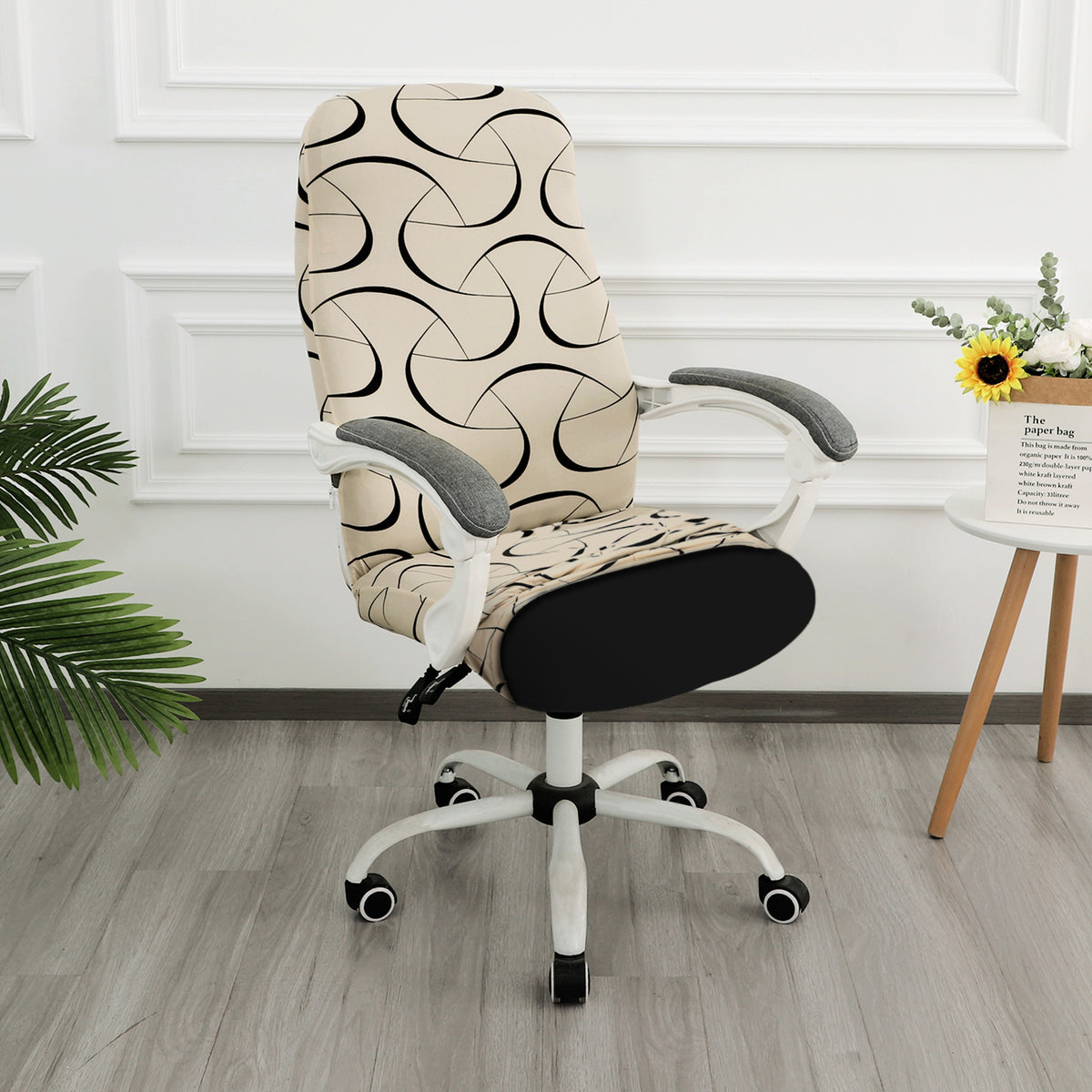 Printed Office Chair Cover for Desk Chair (Mid-Back) – 140 GSM Stretch Fabric – Washable, Durable & Anti-Slip – Fits Mid-Back Office Chairs, Natural Beige Abstract Art - Medium