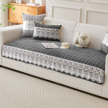 BelleLace Series Imperial Milk Velvet Sofa Cover Mat with Lace Design - Porpoise Grey