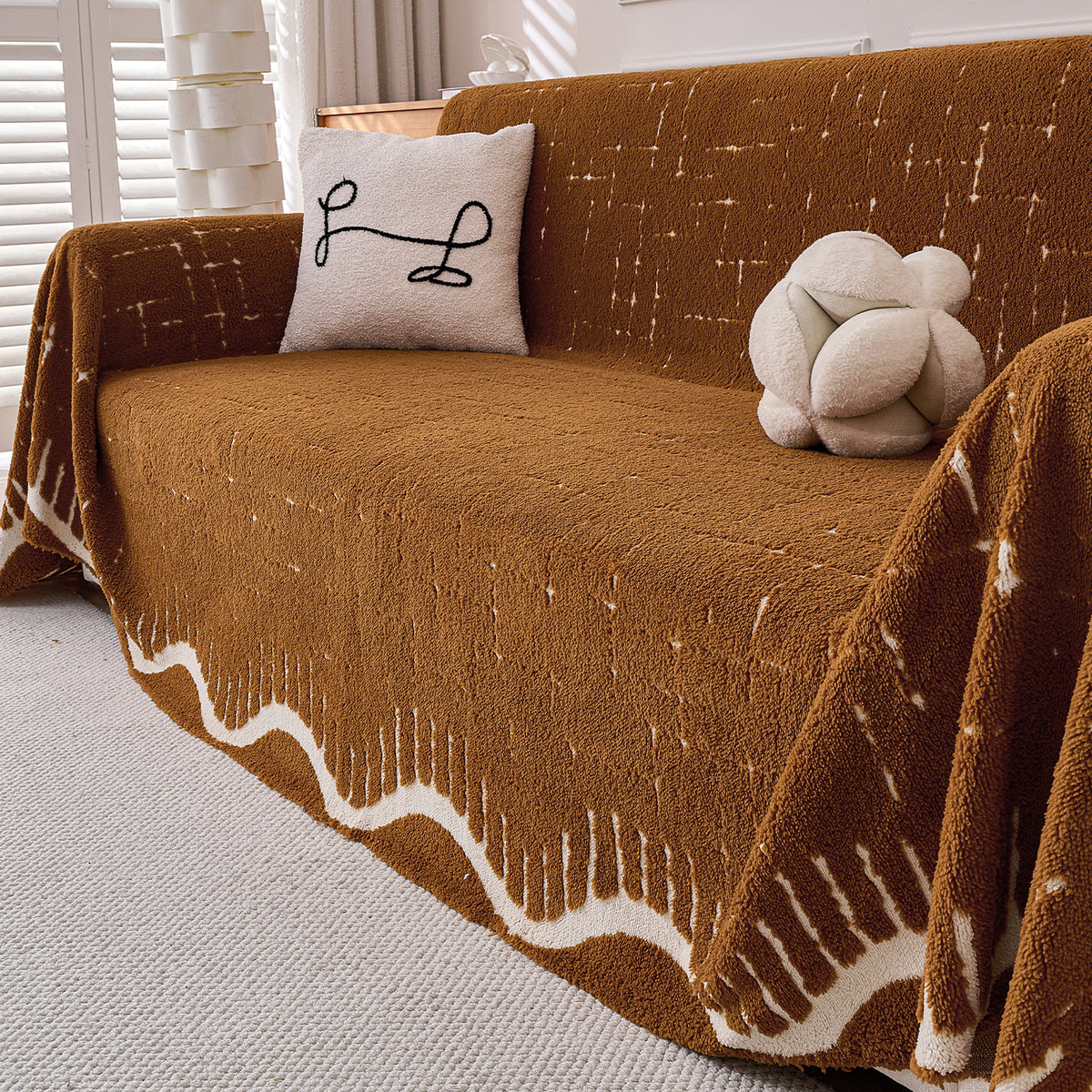 Buy Brown Colour Supple Soft Wavy Plush Sofa Throw – 3 Seater Sofas | HOKIPO
