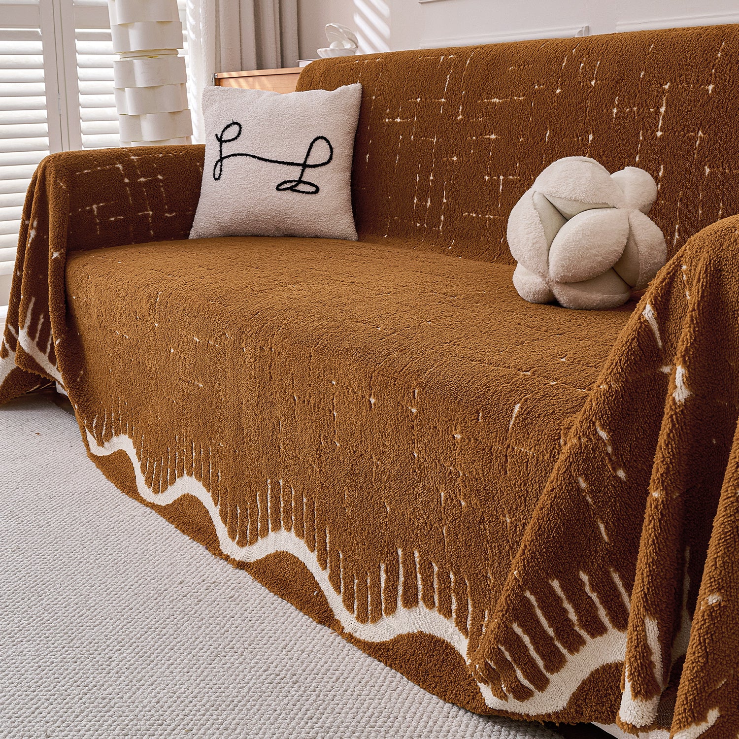Buy Brown Colour Supple Soft Wavy Plush Sofa Throw – 3 Seater Sofas | HOKIPO