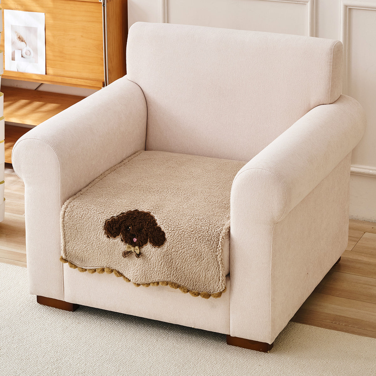 CloudHug Plush Sofa Cover Mat with PomPom and Wavy Edges, Vanilla Latte