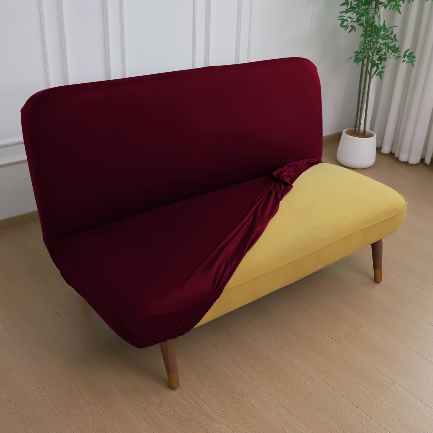 SereneSolids Stretchable Elastic Armless Sofa Cover – 140 GSM, Futon Slipcover, Easy Fit, Burgundy