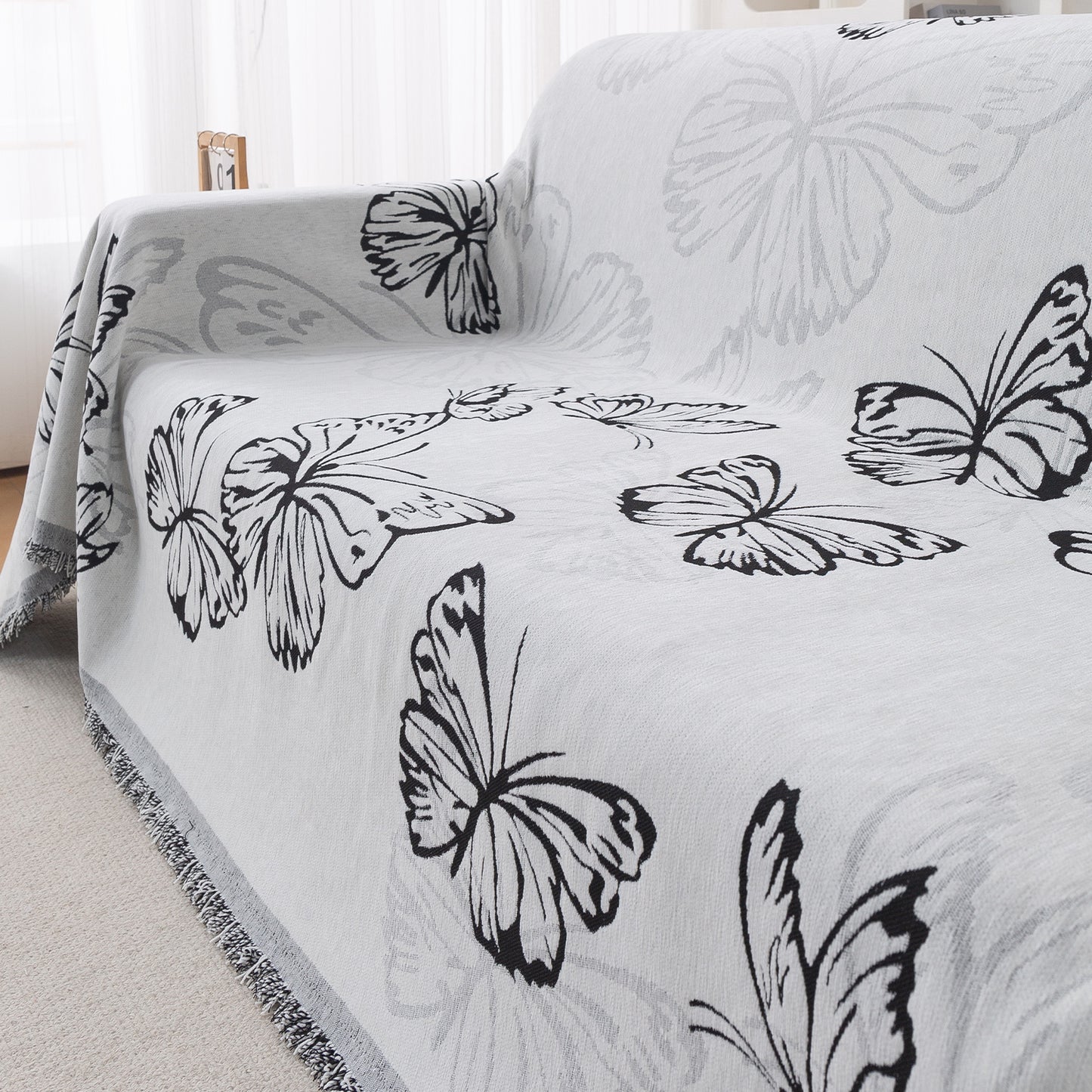 Premium 320 GSM Chenille Sofa Cover Throw All Season 'Serene Abode Series', Monochrome Butterfly