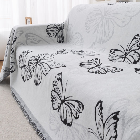 Premium 320 GSM Chenille Sofa Cover Throw All Season 'Serene Abode Series', Monochrome Butterfly
