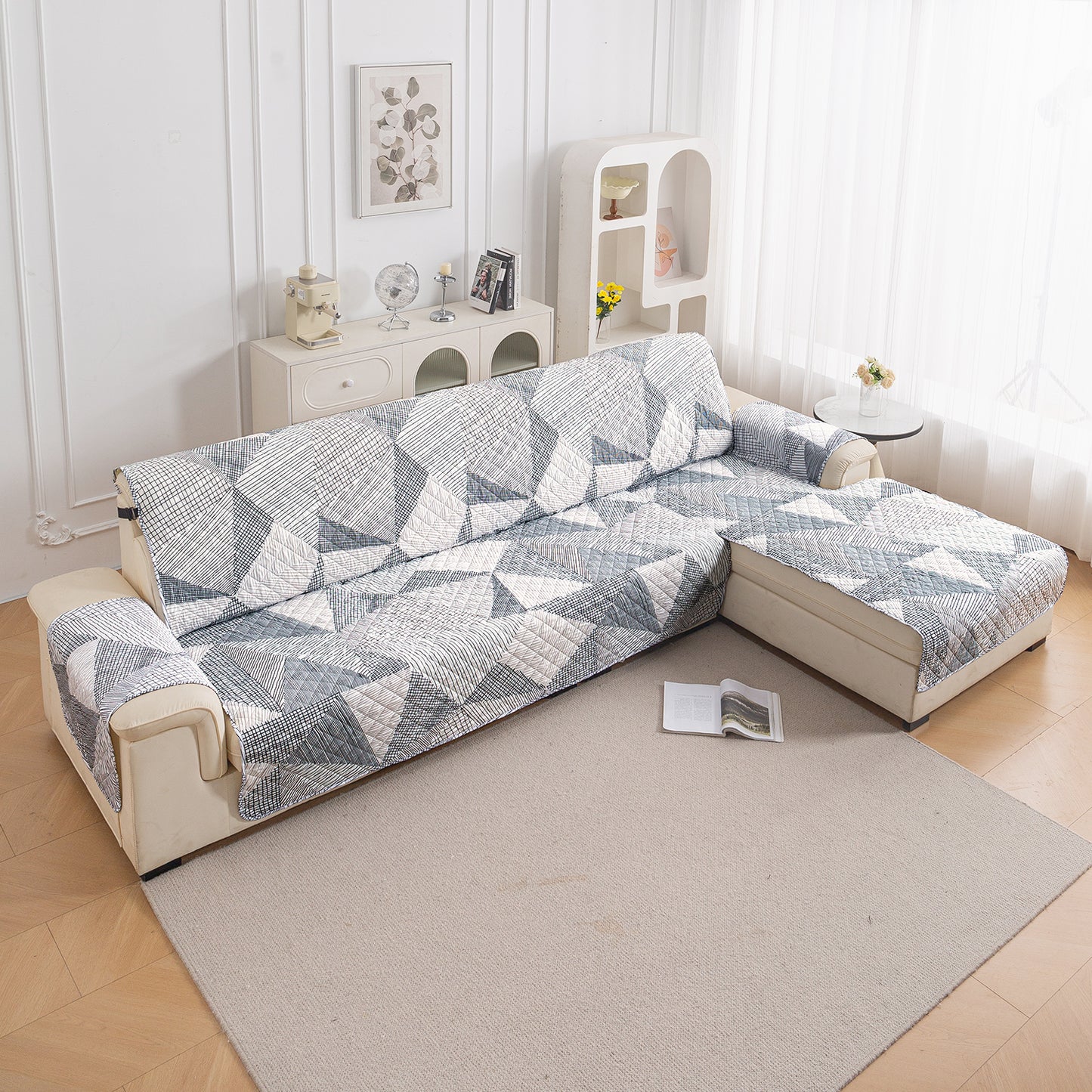 Elira Series Quilted One-Piece L Shape Sofa Cover Mat with Left and Right Chaise, Snow White Black Geometry