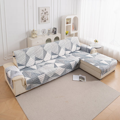 Elira Series Quilted One-Piece L Shape Sofa Cover Mat with Left and Right Chaise, Snow White Black Geometry