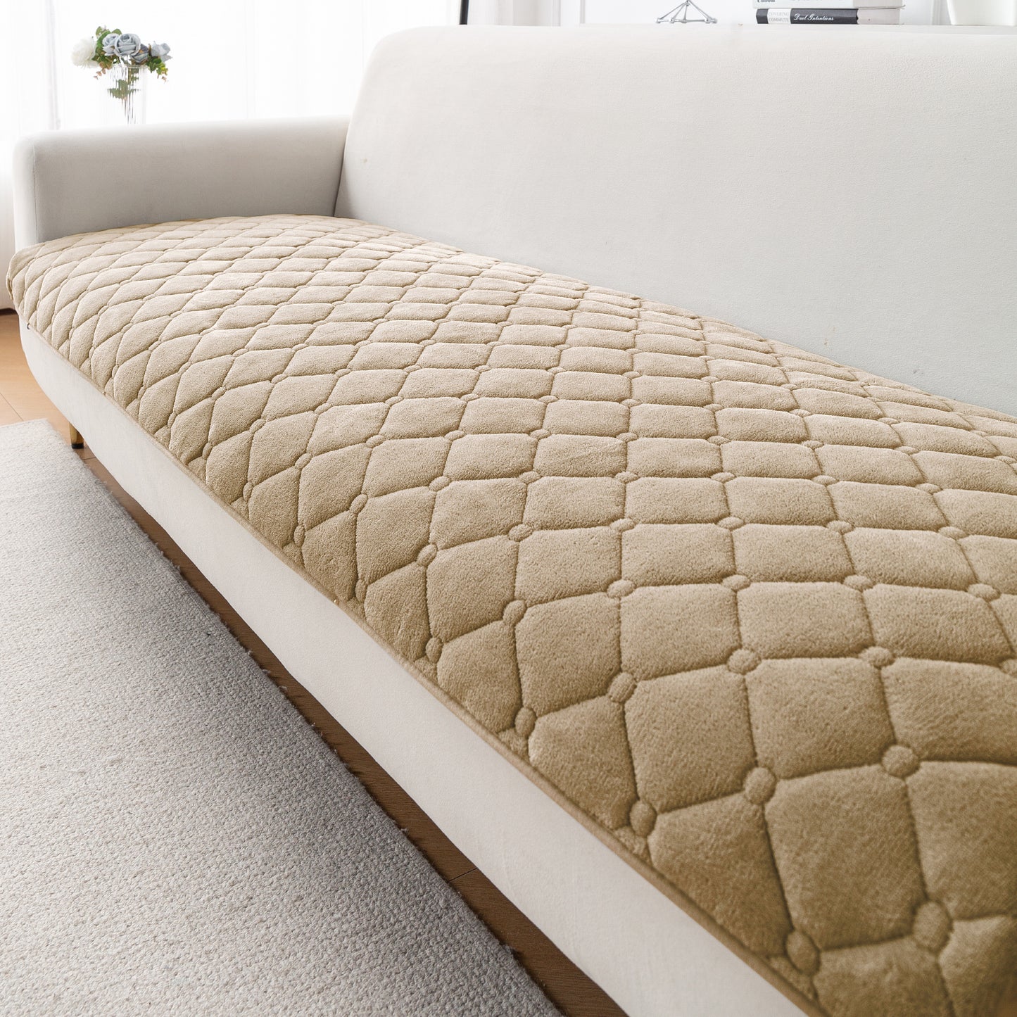 Diamond Tuft Plush Sofa Cover Mat, Sand Beige
