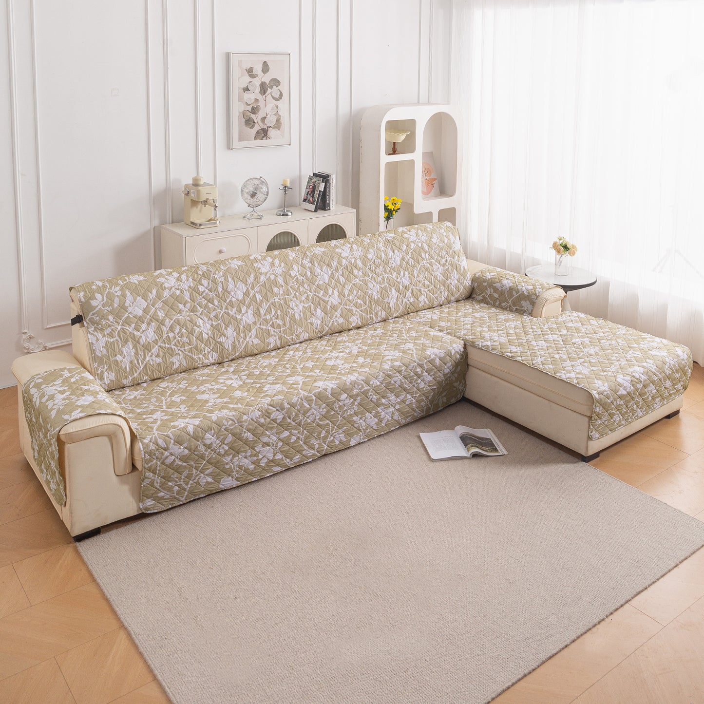 Elira Series Quilted One-Piece L Shape Sofa Cover Mat with Left and Right Chaise, Buff Brown Sillehoute Floral