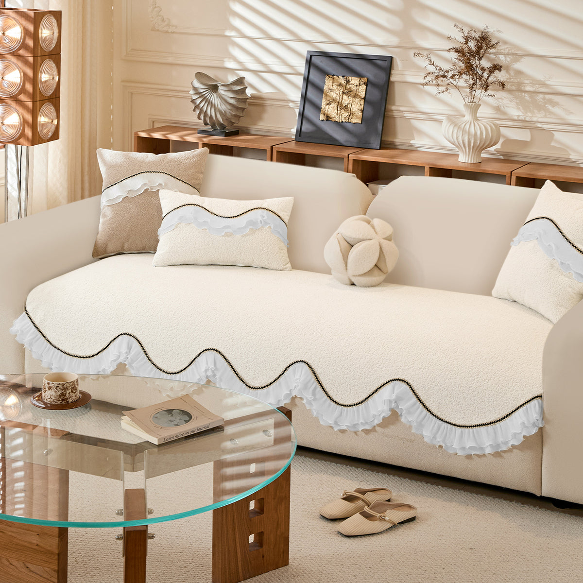 French Classic Frill Wavy Sofa Cover Mat with Curve & Lace - Snow White Ivory
